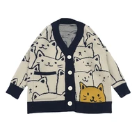 harajuku cartoon cat print cardigan sweater men streetwear kawaii pattern knitwear fashion casual knitted jacket women unisex