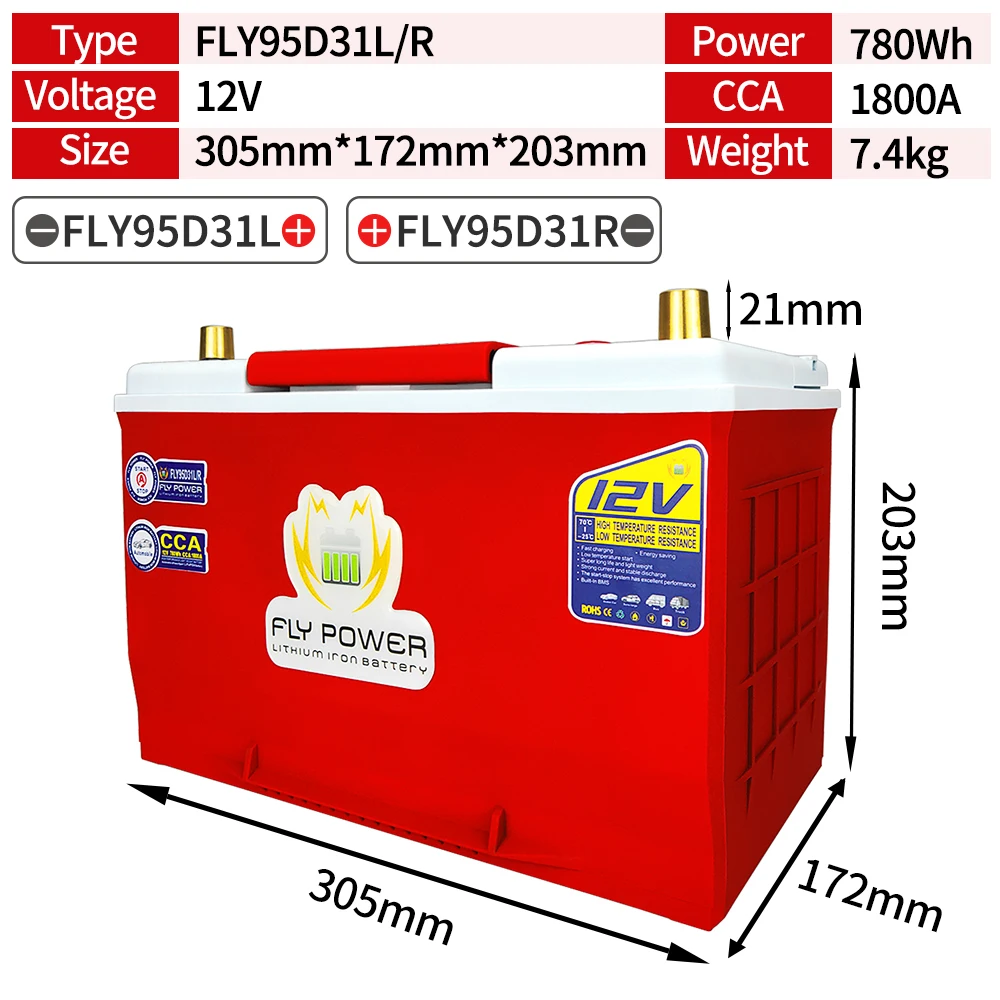 FLY95D31L/R 12В 780Wh CCA1800A Автомобильная литиевая железная батарея с защитой стартера