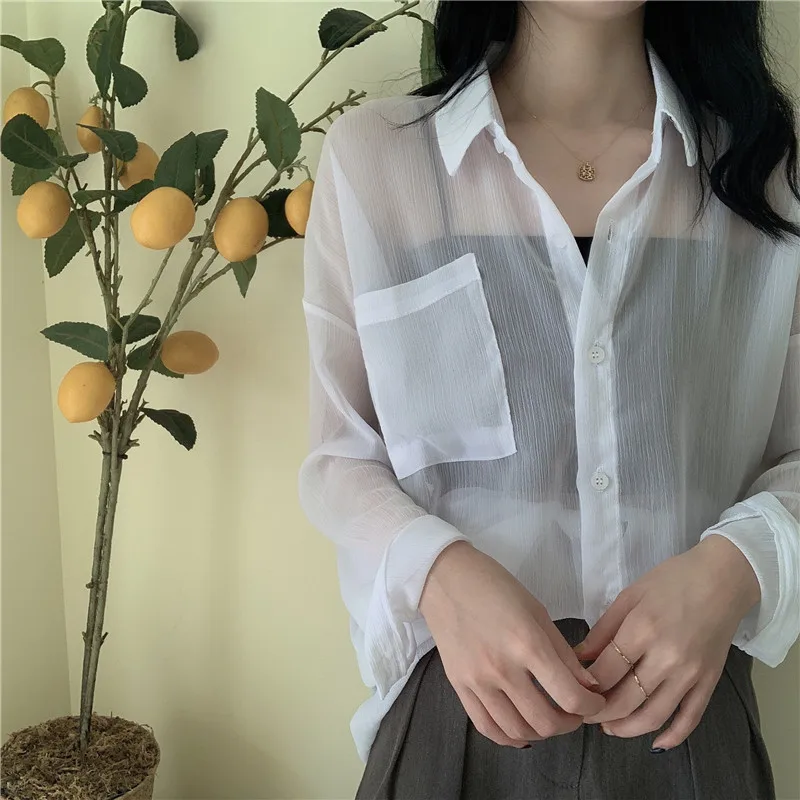 

Hzirip New Hot Summer Loose Chiffon Chic Fashion All-Match Casual Sunscreen Clothing Solid Color 2020 Long-Sleeved Women Shirt