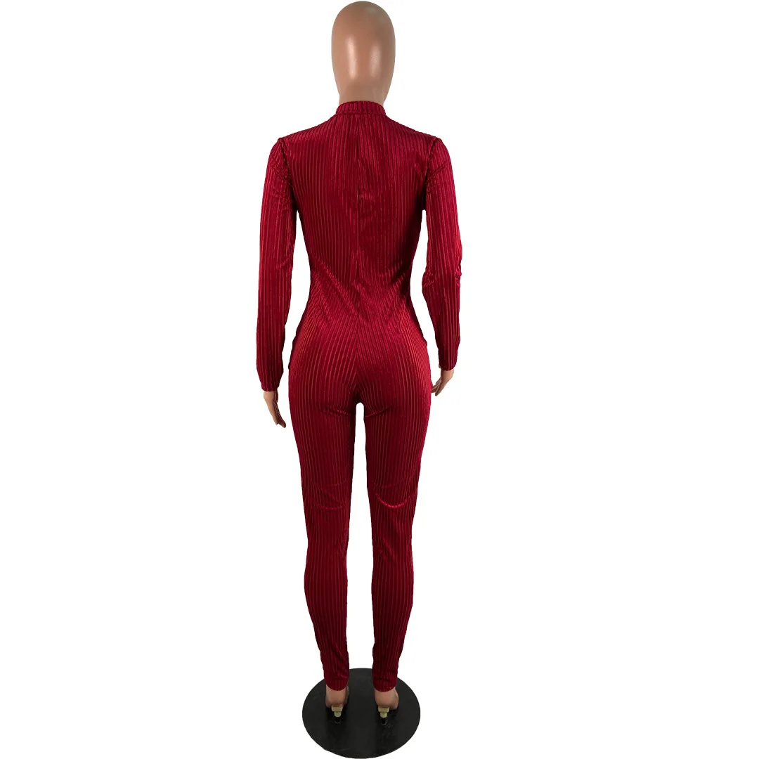 

Winter Velvet sexy V-neck Jumpsuit Long Sleeve Zipper Skinny bodycon romper ladies one piece elegant playsuit Autumn overalls