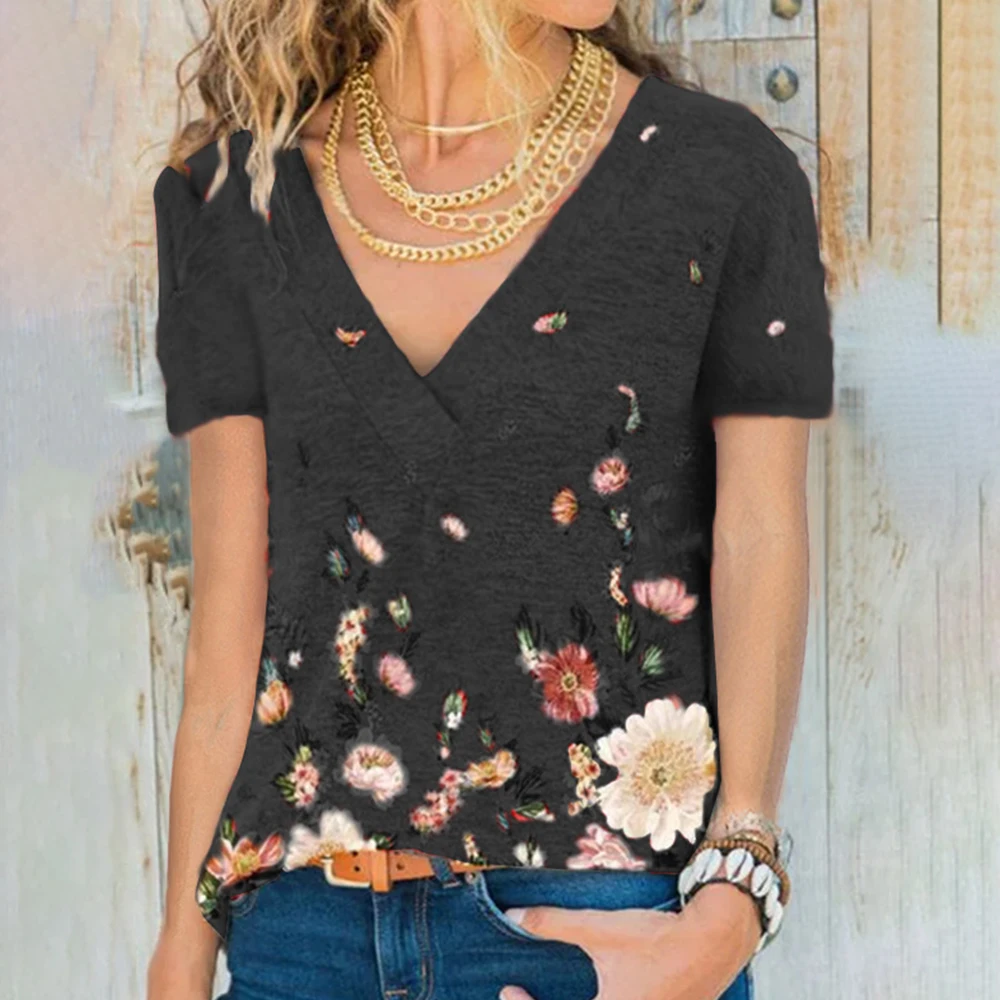 

Summer Women T-Shirt Short Sleeve V Neck Floral Print Casual Loose Female Ladies Pullover Top Tees Streetwear Cotton Plus Size