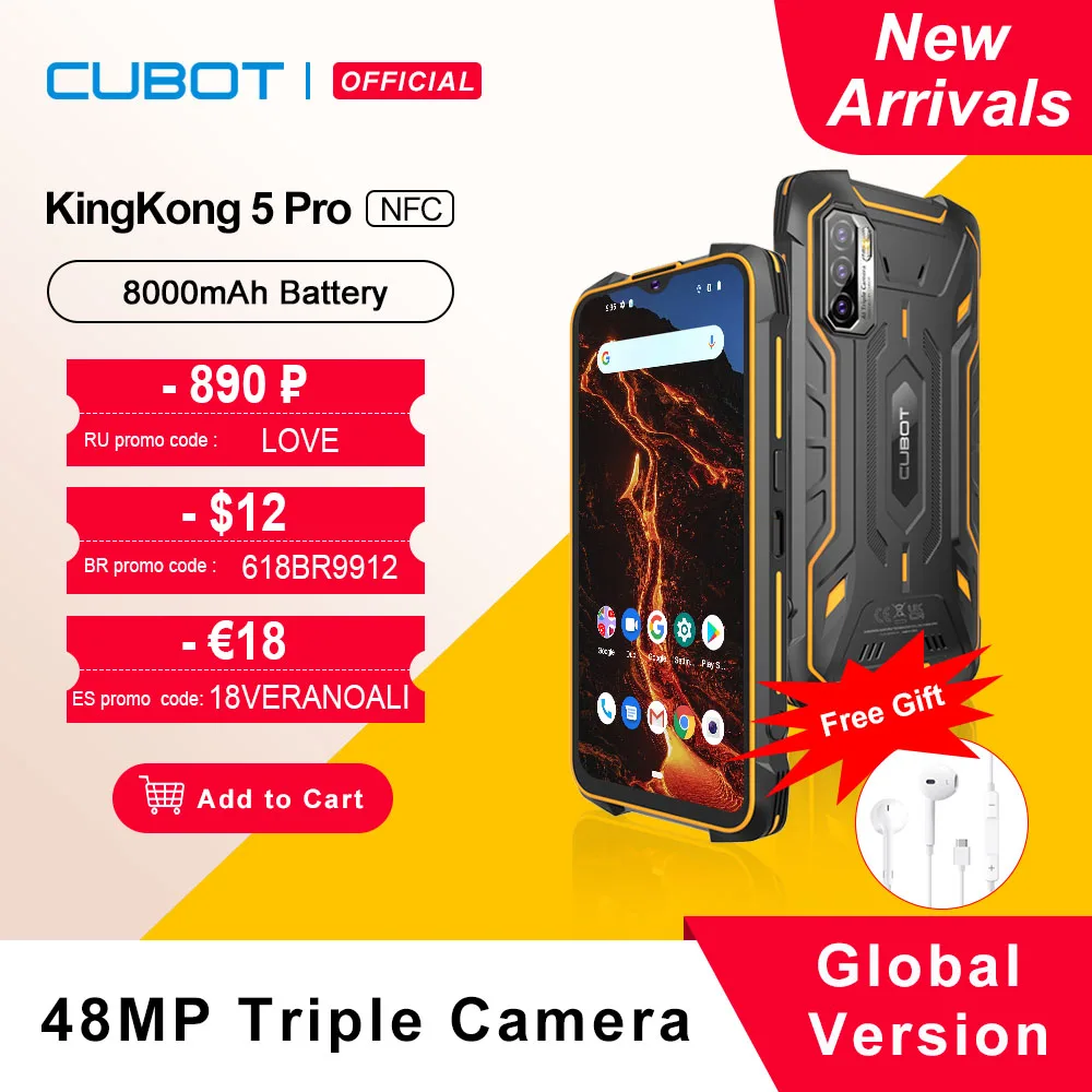  Cubot KingKong 5 Pro IP68/IP69K Waterproof Smartphone Rugged Phone 8000mAh 48MP Triple Camera Android 11 NFC 64GB Global 4G LTE 