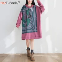 long hoodie dress women warm fleece lining thickening cotton pullover retro print loose casual sweatshirts with pockets