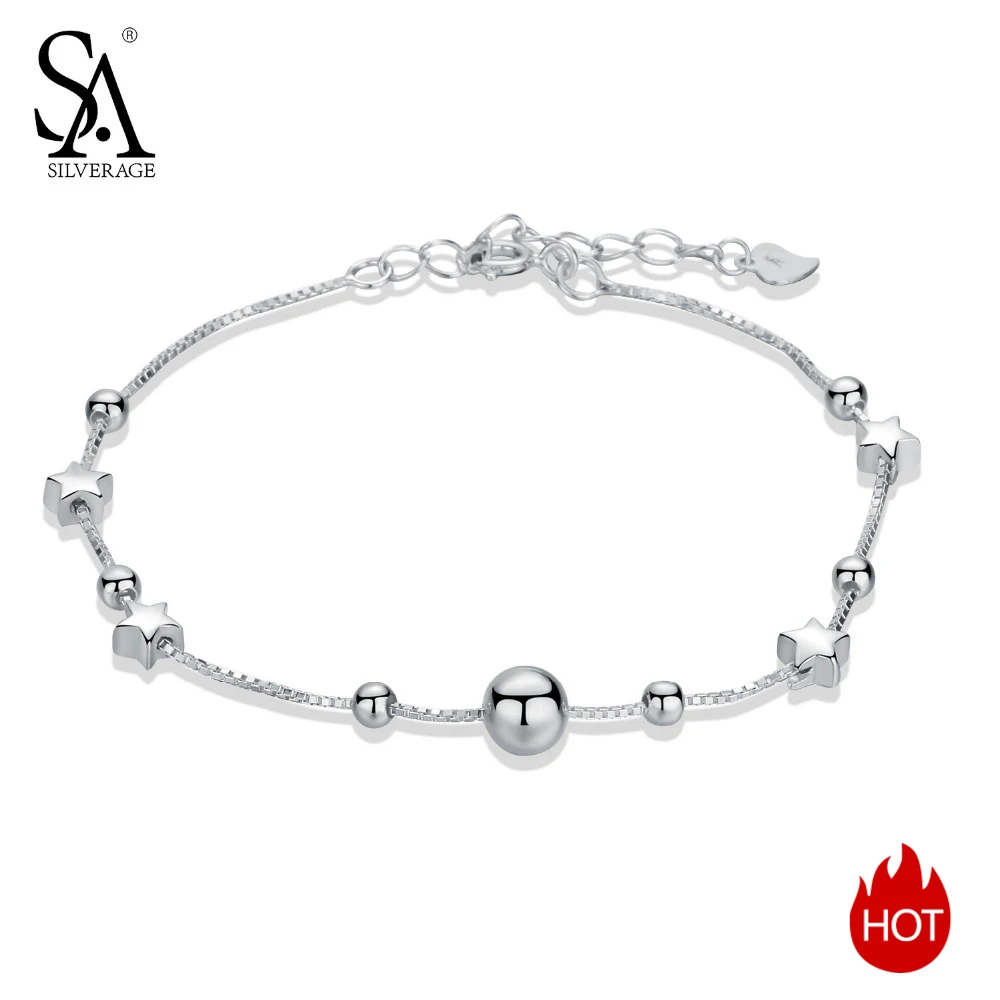 SA SILVERAGE 925 Silver Star Ball Chain Link Bracelets Pulseira Feminina Sterling Charms Bangles for Women | Украшения и