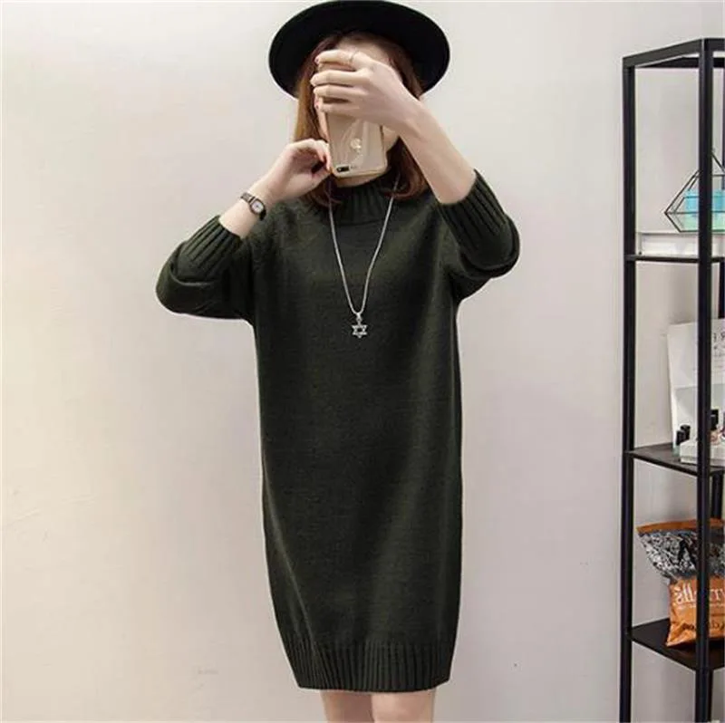 

Autumn Knitting Cotton Dress Women Long Sleeve Round-neck Sheath Knee Length Dress Winter Warm Slim Pullovers Sweater Dress