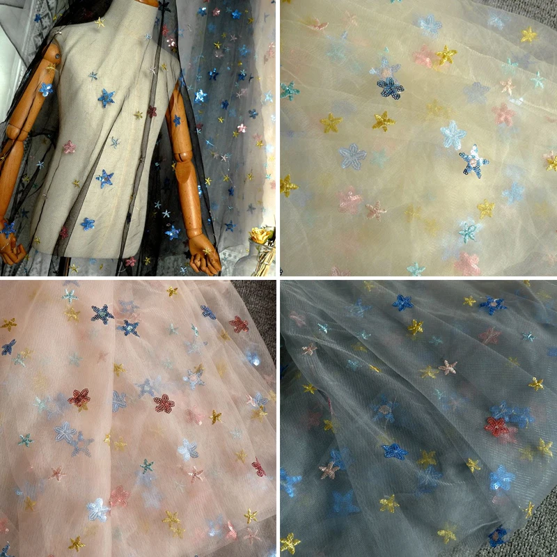 2 метра черно-белая сетчатая кружевная ткань со звездами и блестками одежда из