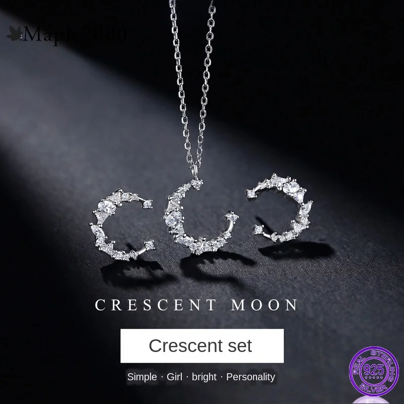 Набор украшений из серебра 925 пробы серьги Женская цепочка для ключиц с Луной