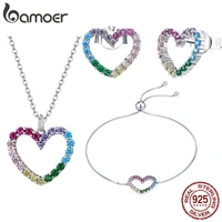 bamoer 925 sterling silver rainbow colorful heart pattern love zircon adjustable necklace bracelet earrings jewelry set