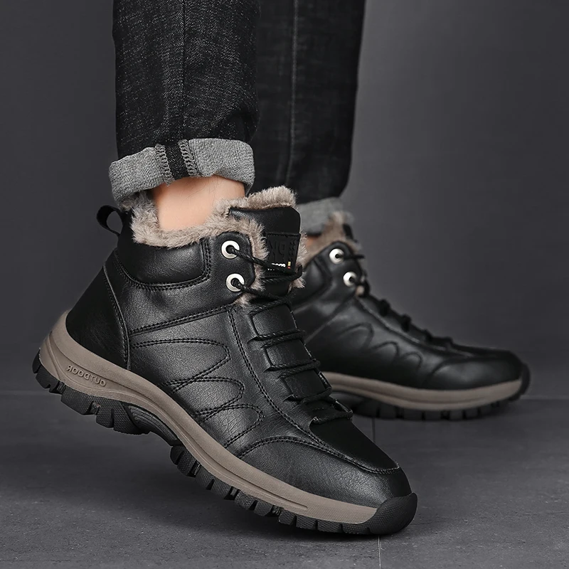 

Мужская кожаная повседневная обувь, дышащая удобная мужская зимняя обувь на меху со шнуровкой, мужские ботинки размера плюс 46, уличные похо...