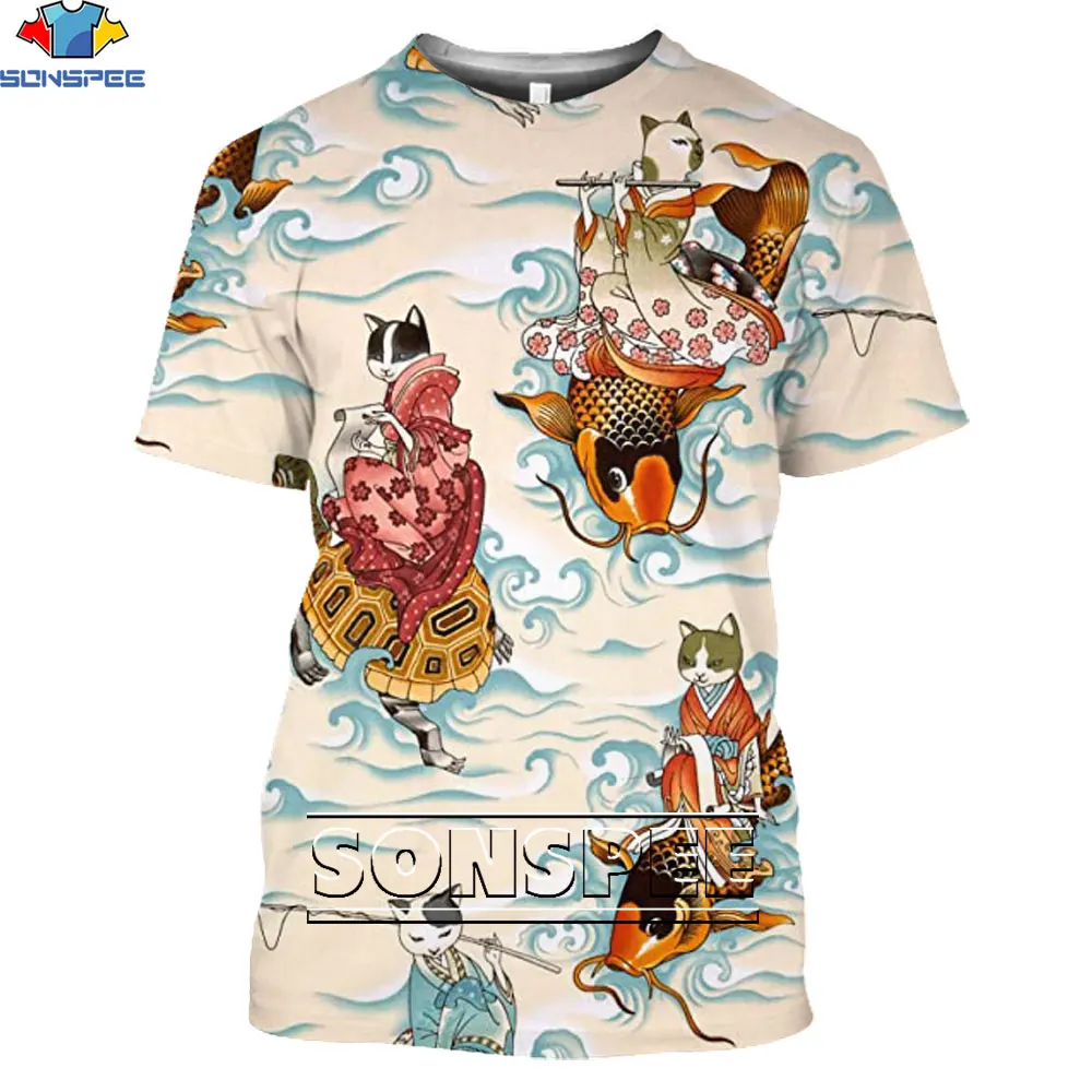 Футболка мужская с 3D-принтом японского самурайского кота и татуировками |