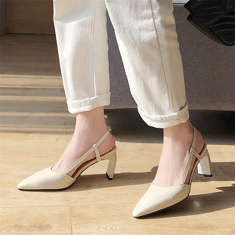 

Meotina High Heels Women Pumps Natural Genuine Leather Thick High Heel Slingbacks Shoes Real Leather Pointed Toe Shoes Lady 3-10