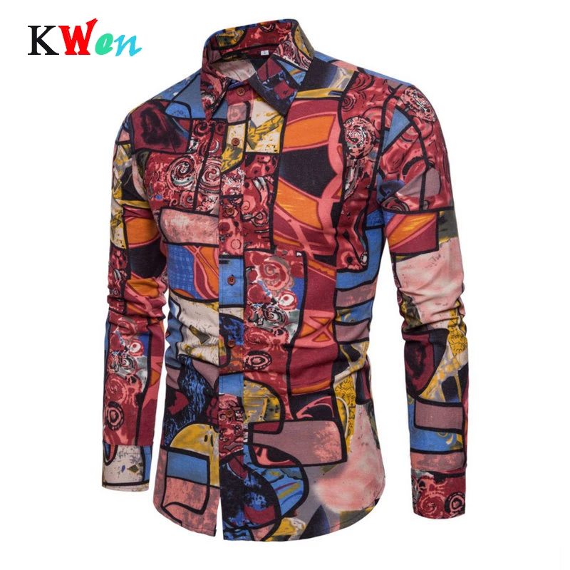 

2019 New Fashion Casual Men Shirt Long Sleeve Europe Style Slim Fit Shirt Men High Quality Cotton Floral Shirts Mens Clothes