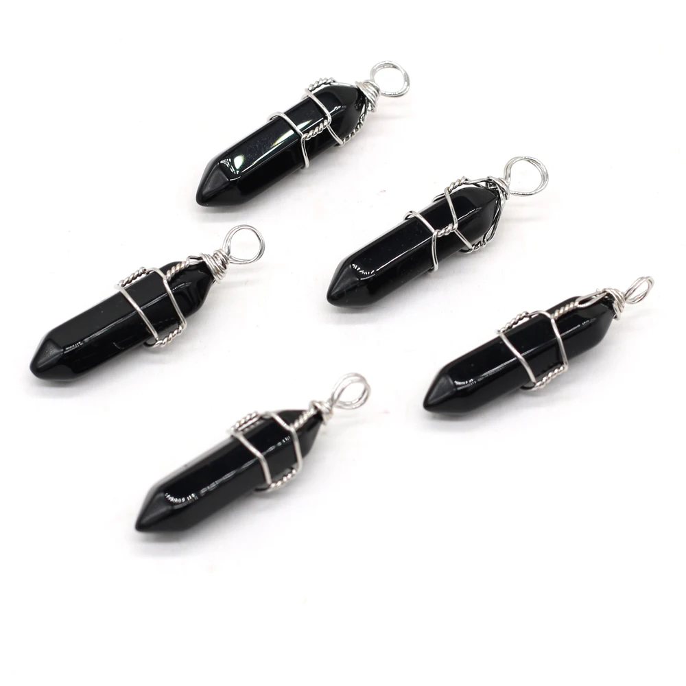 

Small Pendant Natural Semi-precious Stone Black Agate Winding Silver Wire Charms for Jewelry Make DIY Necklace Accessories Gift