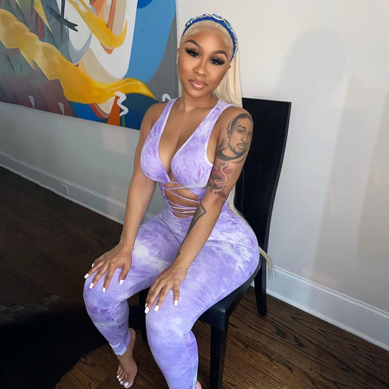 Пикантный Облегающий комбинезон на завязках с принтом и вырезами Женский