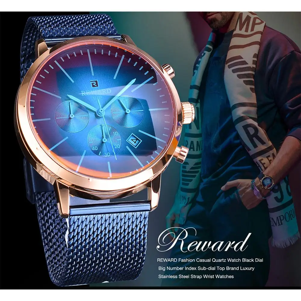 Награда синяя сталь сетка цветной браслет стекло дизайн три циферблата