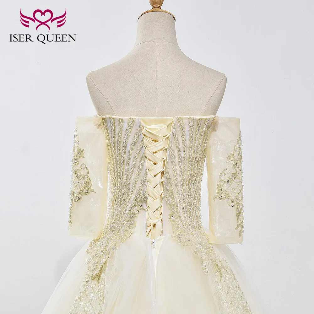Luxury Half Sleeves Delicate Embroidery Sequined Beading Ball Gown Wedding Dress Lace up Ivory ashley carol Princess WX0025 | Свадьбы и