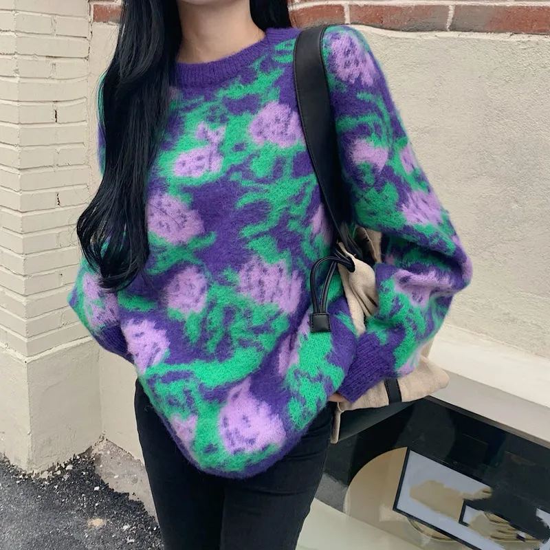 

Runway Autumn Fashion Round Neck Pullover Long Sleeve Sweater Winter Flower Loose Casual Plus Size Knitted Tops Women's Clothing