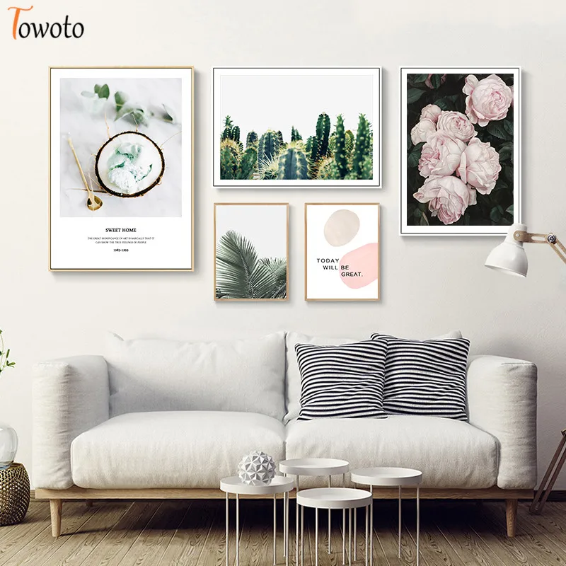 Нордическое зеленое растение изображение роз с текстурой цитата на холсте