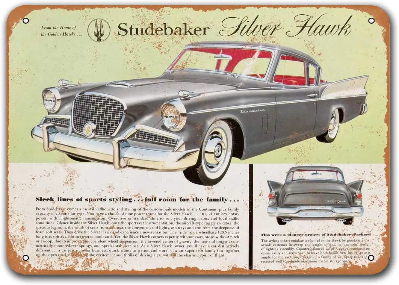 

1957 Studebaker Silver Hawk Car Metal Tin Sign, Sisoso Vintage Plaques Poster Bar Man Cave Retro Wall Decor 12x8 inch