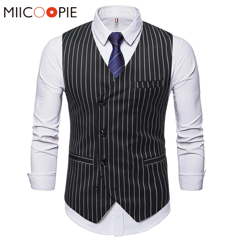 

Men's Single-breasted Striped Vest Jacket Men Wedding Sleeveless Groom Waistcoat Men Four Seasons Business Gilet Costume Homme