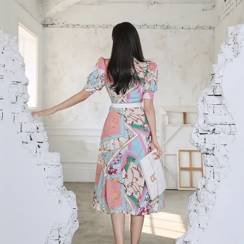 

2021 Summer New Women Vintage Printing Dress Fashion Korean Style Slim Work Party Dresses Simple Single Breasted Shirt Vestidos