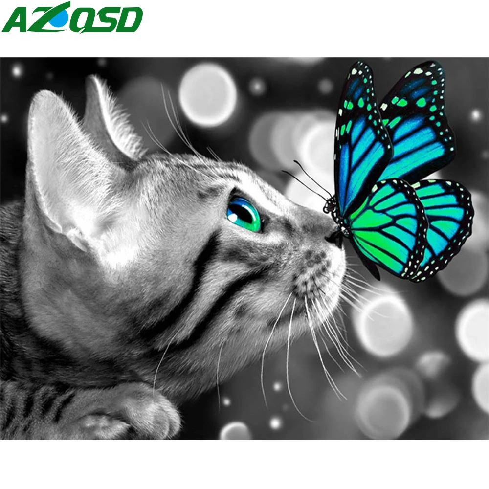 

AZQSD Diy Алмазная картина кошка и бабочка полное квадратное сверло украшение дома Алмазная вышивка животное стикер на стену