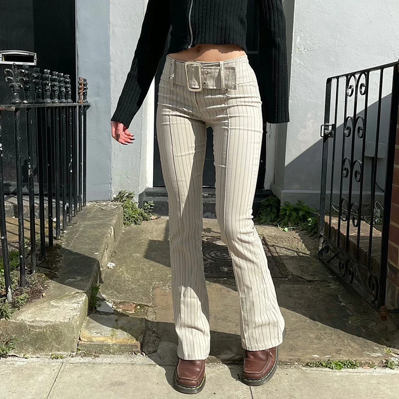 

Осенние женские повседневные полосатые расклешенные брюки Y2K, женские пикантные повседневные Прямые брюки со средней талией и поясом, длин...