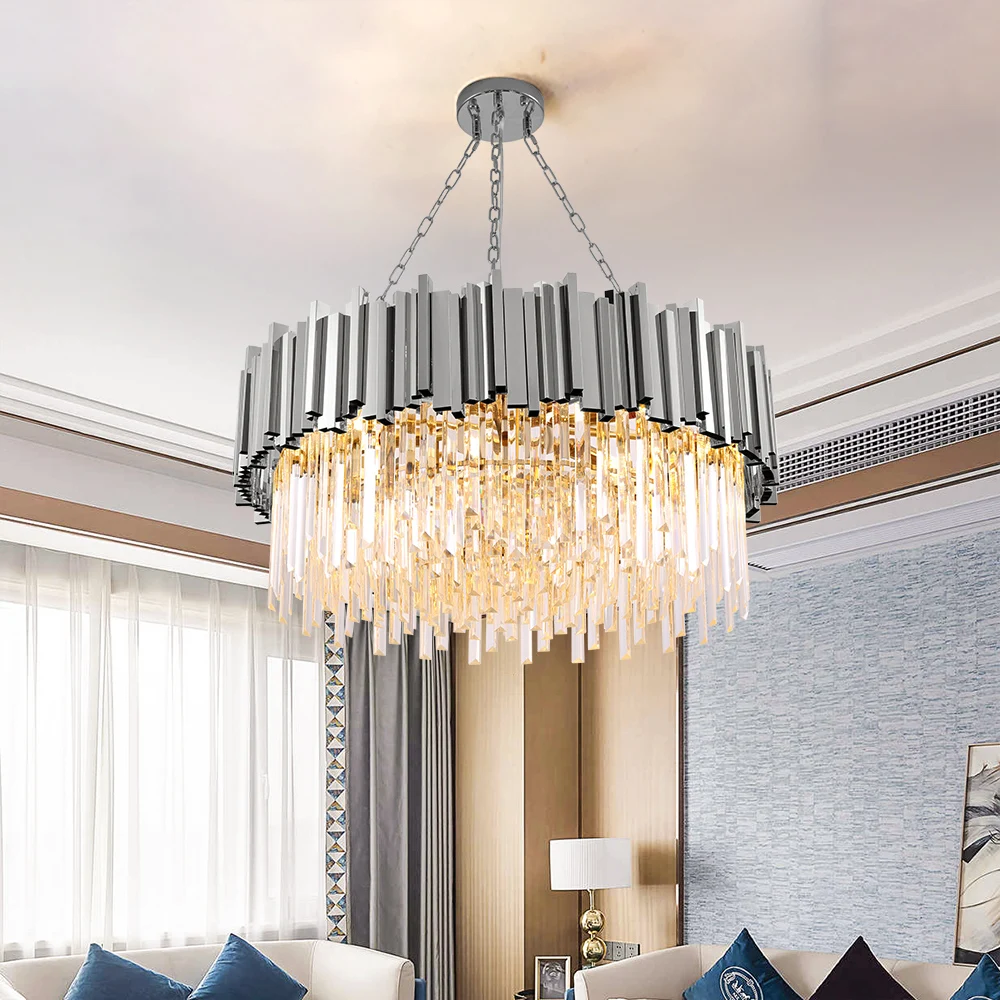 Candelabro de cristal cromado para sala de estar, lámpara de cristal de cadena de decoración para el hogar, accesorio de iluminación led grande y moderno de acero inoxidable
