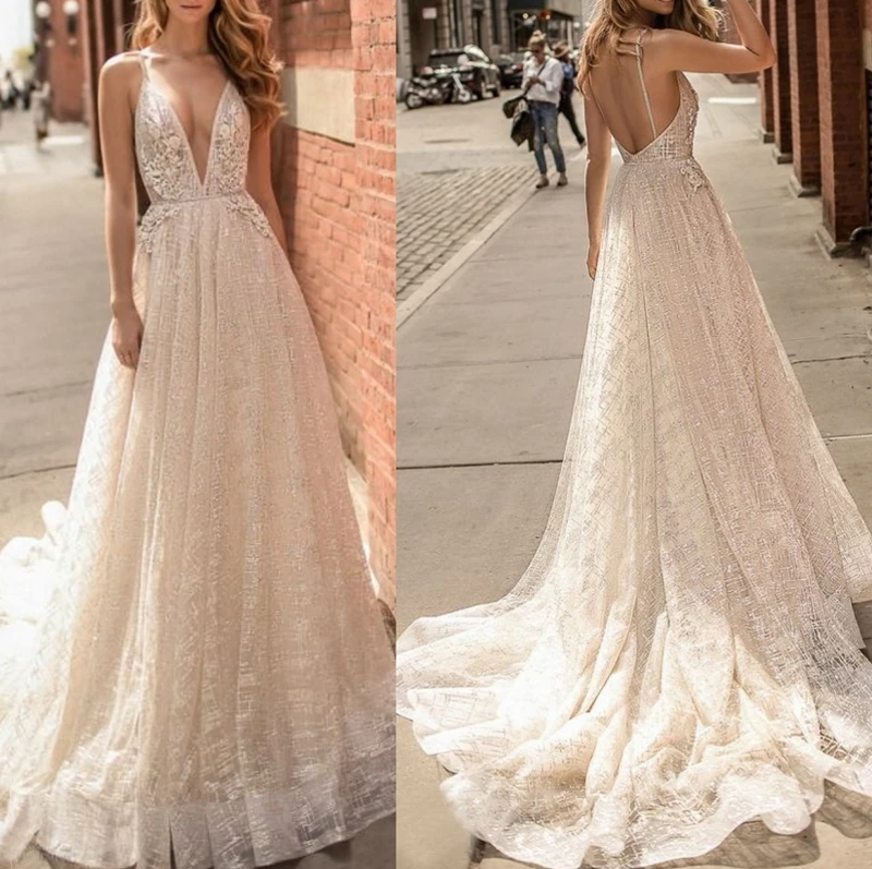 

#1341 Spaghetti Straps Elegant Sexy Deep V-Neck Sleeveless Backless Sweep Train A-Line Wedding Dress Bridal Gowns Evening Dress