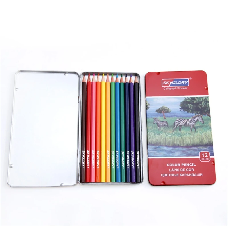 

12/24Pcs Oily Color Pencil with Metal Box Set Colored Pen for Sketching Drawing D08A