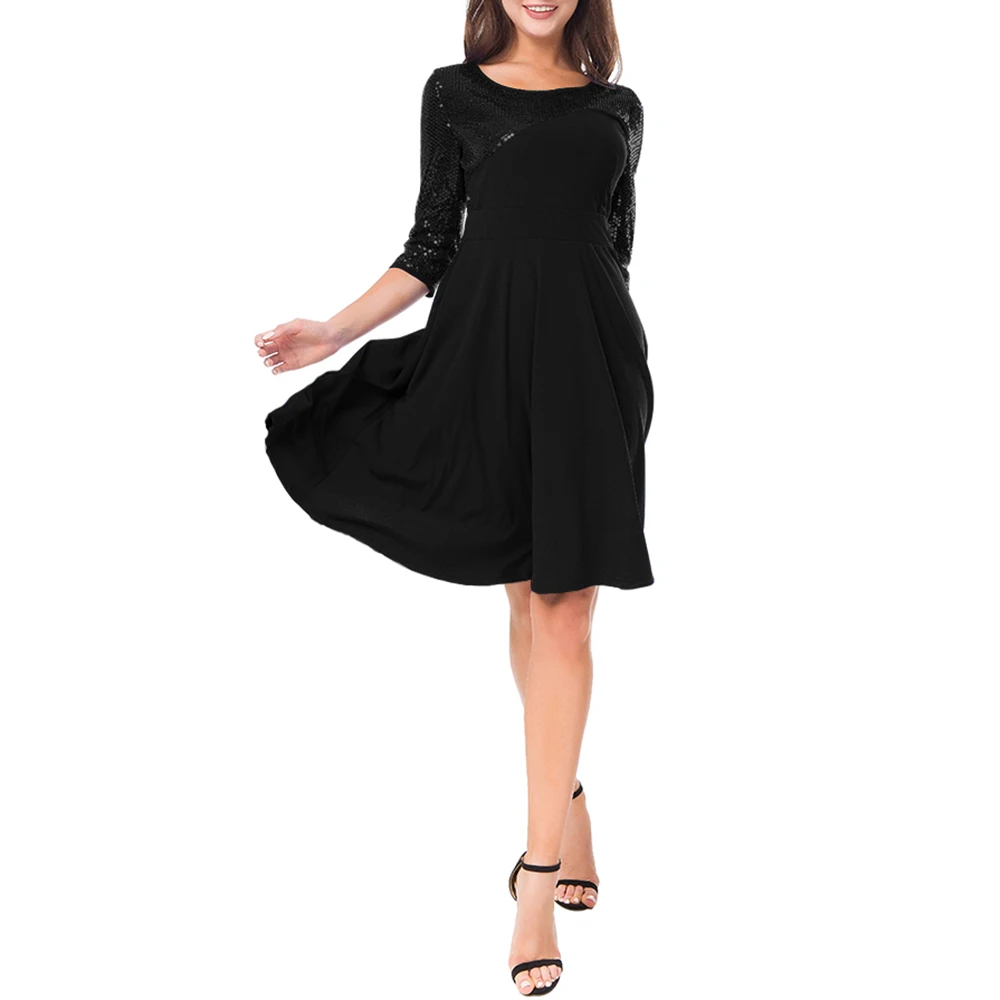 Женское платье трапециевидной формы с блестками элегантное круглым вырезом и