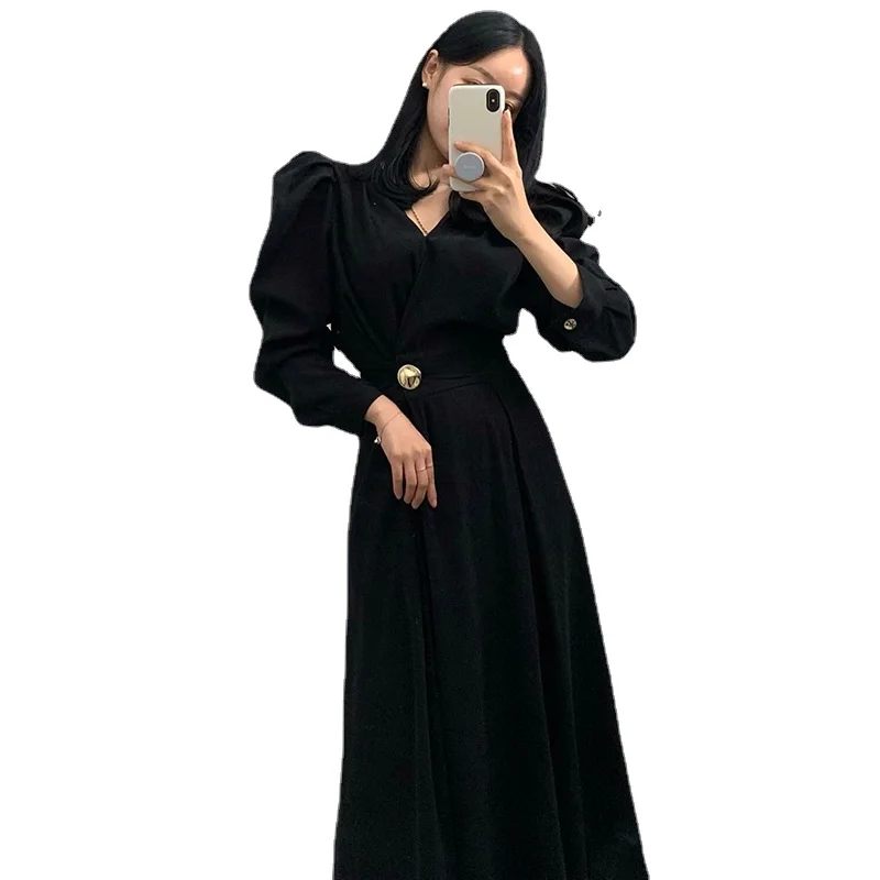 

New Autumn Elegant V-neck Chic Woman Dress Single-button Design High Waist Long Maxi Dresses Women Puff Sleeve Vestidos Female