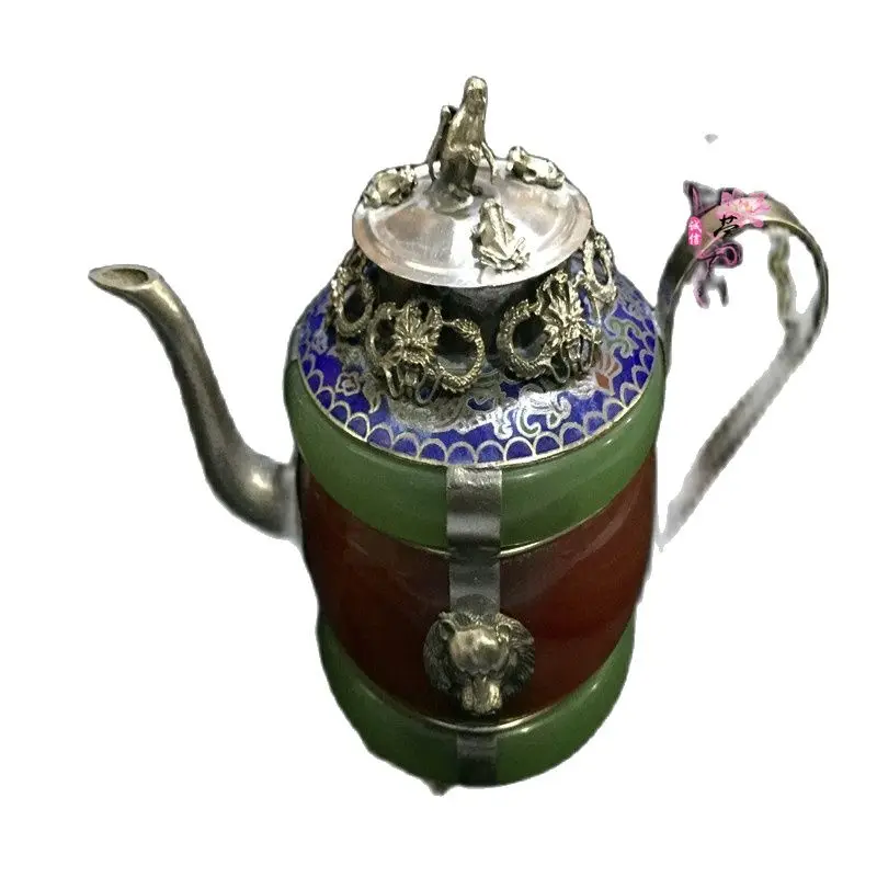 

Antique white copper seedling silver imitation Jasper green jade agate water pot teapot wine pot furniture ornament monkey