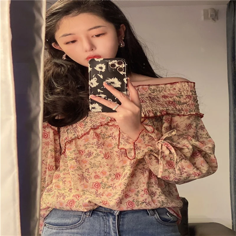 

2021spring Autumn New Floral Chiffon Shirt Female Temperament Fashion Small Fresh Design Sense V-Neck Wild Slim Long-Sleeved Top