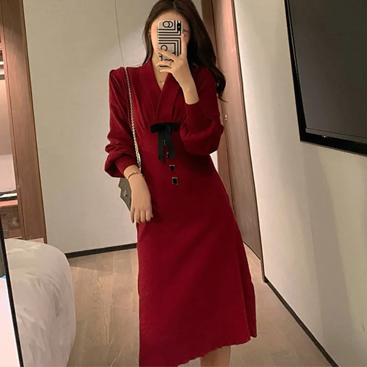 

2021 Korea Chic Autumn Bow V-Neck Long Sleeve Sweater Dress Casual Women Winter Warm Soft knitting Vestidos Dress Robe Femme