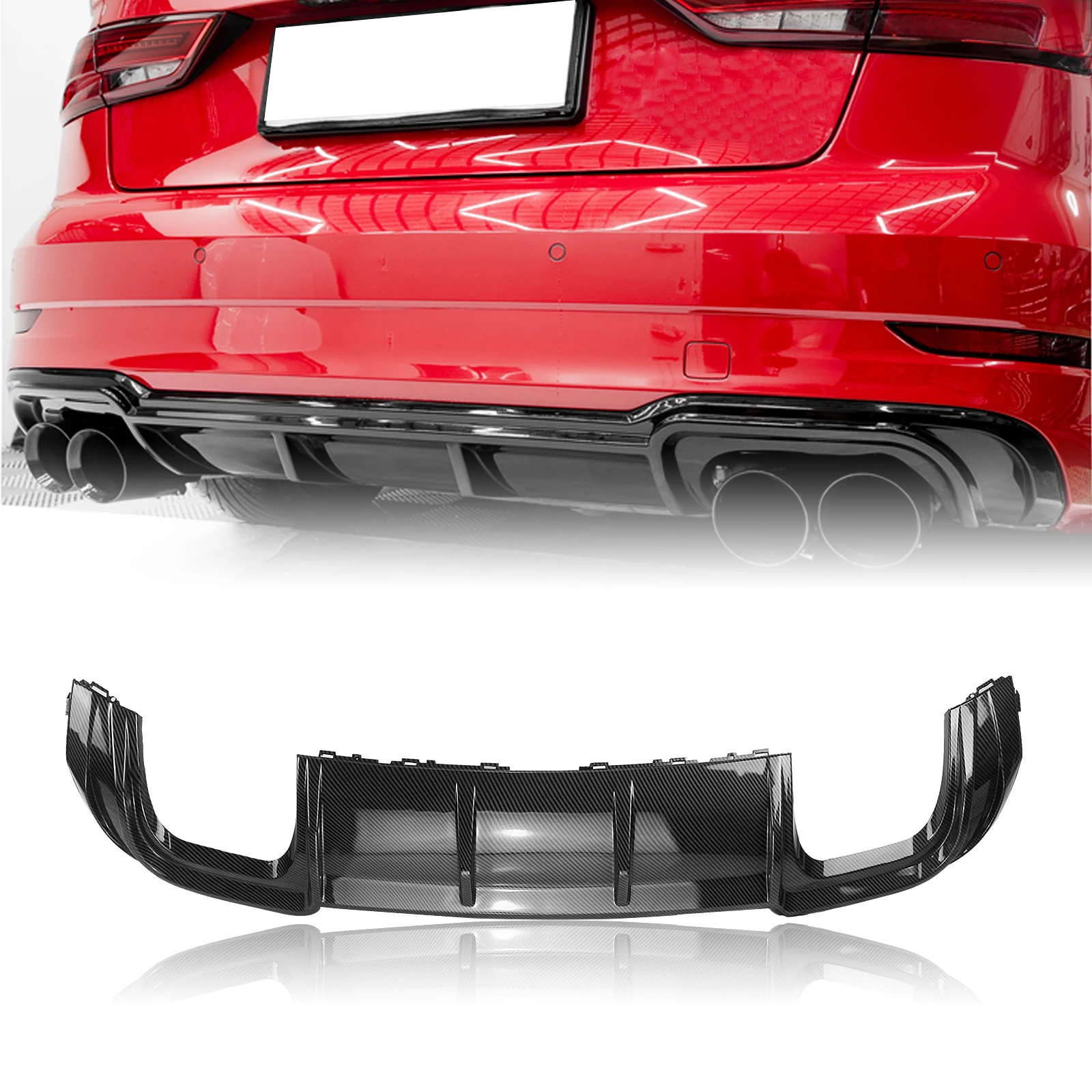 

For Audi A3 Sedan 2017-2019 Rear Bumper Diffuser Lip 4 Tips Carbon Fiber Look Car Exhaust Guard Spoiler Plate Splitter Body Kit
