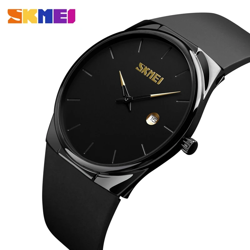 SKMEI повседневные мужские часы кварцевые наручные модные черные ПУ ремешок для