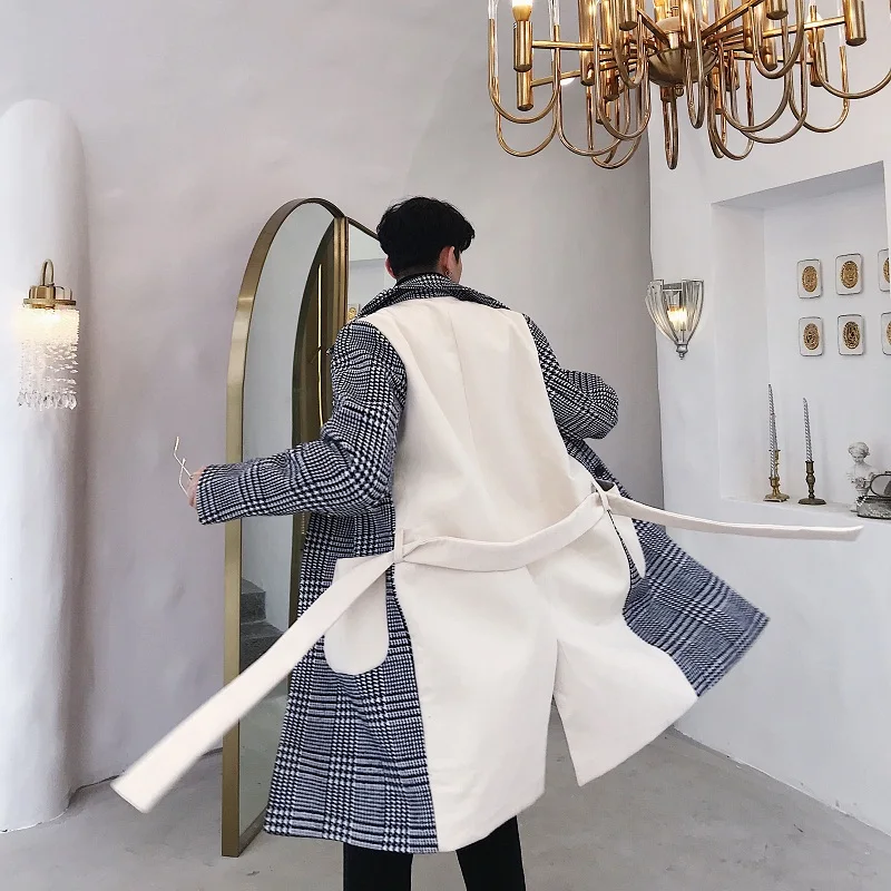 

Men's Long Trench Coat Checks Single Breasted Mixed Color Overcoat Casual Windbreaker K20