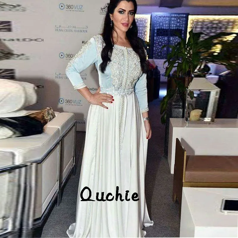 

Vintage Sky Blue and White Moroccan Kaftan Mother Bride Dresses Appliques Belt Arabic Muslim Special Occasion Formal Party Gown