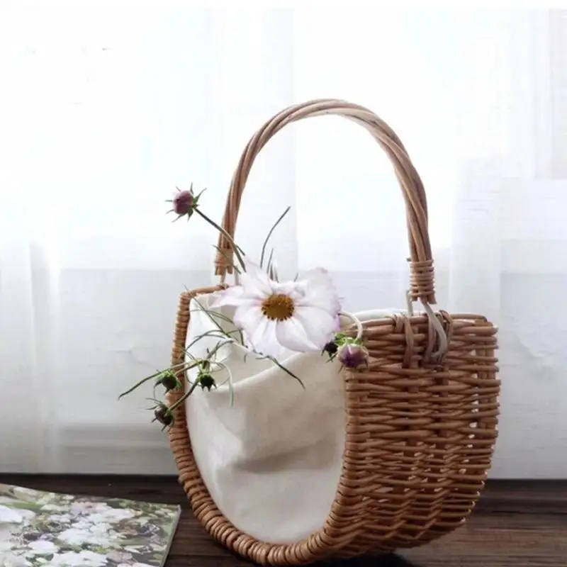 

Flower Basket Strong Sturdy Grass Vine Linen Handmade Woven Half Moons Flower Basket Wicker Basket Home Decorations
