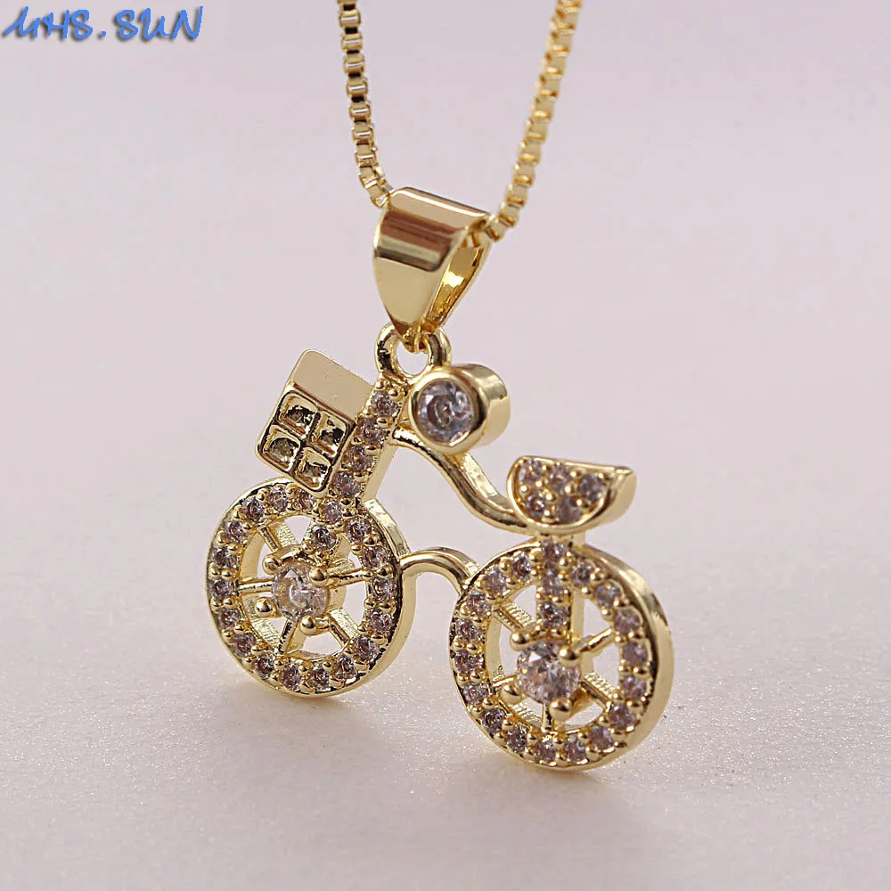 MHS.SUN Exquisite Bike Pendant Necklace With AAA Cubic Zirconia Jewelry Fashion Women Chain Necklace Gold Color Choker Gift 1PC