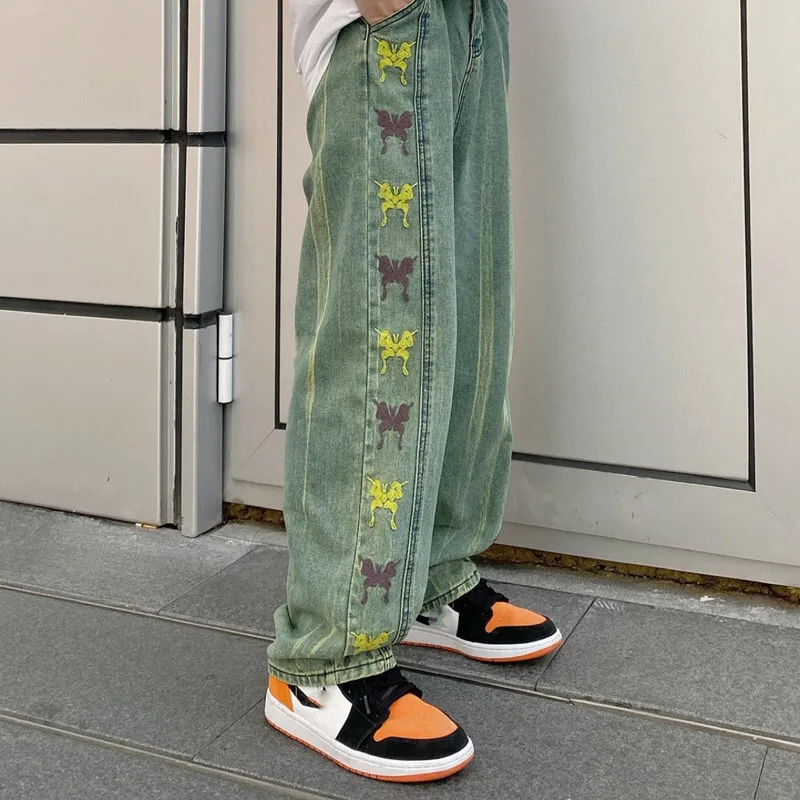 New Arrivals Butterfly Embroidery Vintage Green Men Baggy Jeans Trousers Hip Hop Straight Women Wide Denim Pants Pantalon Homme