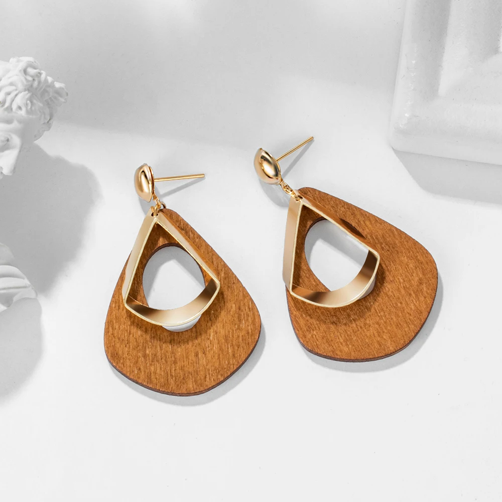 Женские винтажные серьги-подвески из коричневого натурального дерева богемные