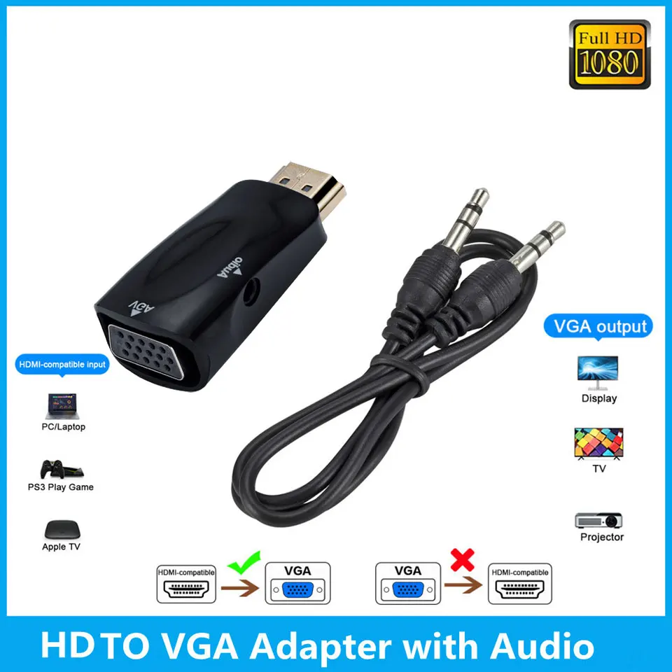 Новый HD 1080P совместимому с HDMI к VGA адаптер цифро аналоговый преобразователь видео