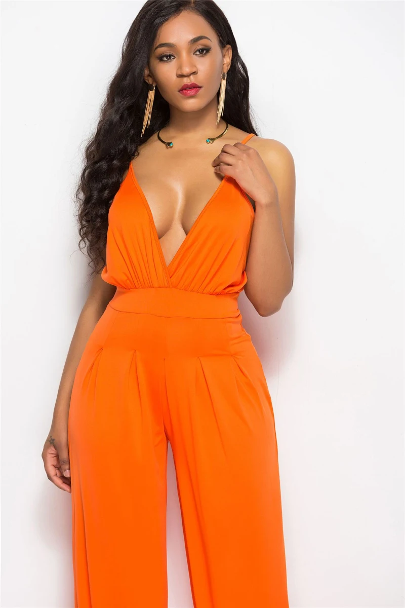 

Женский однотонный комбинезон на бретельках, повседневный Облегающий комбинезон с глубоким V-образным вырезом и широкими штанинами, лето