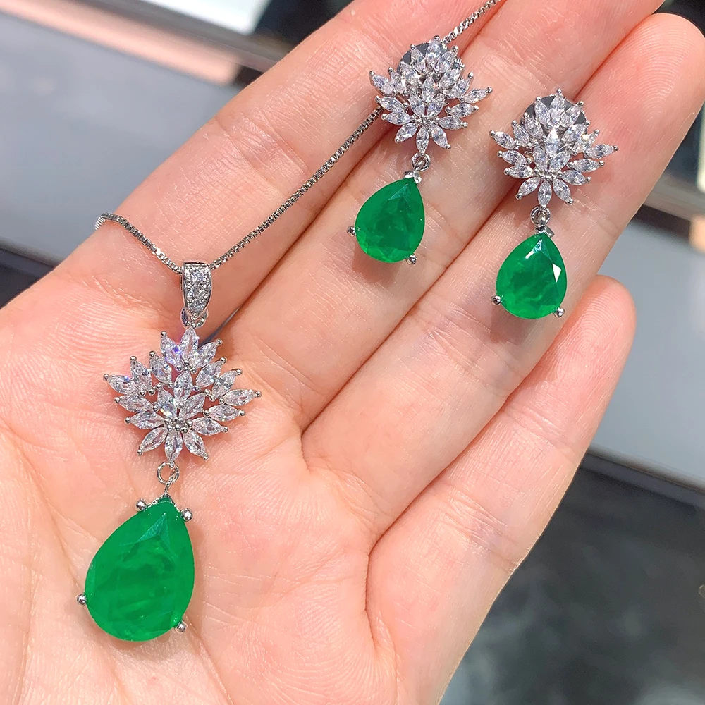 

Luomansi Luxury 925 Sterling Silver Pear Emerald Gemstone Earrings/Pendant/Necklace Wedding Cocktail Jewelry Sets Wholesale