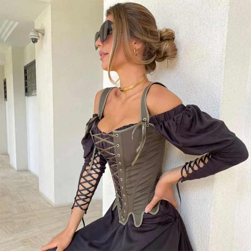

Vintage Corset Crop Top Patchwork Sleeveless Solid Color Bustier for Women Girls M7DD