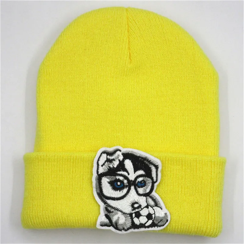 Футбольная Собака Вышивка утолщенная вязаная шапка зимняя теплая Skullies бини для