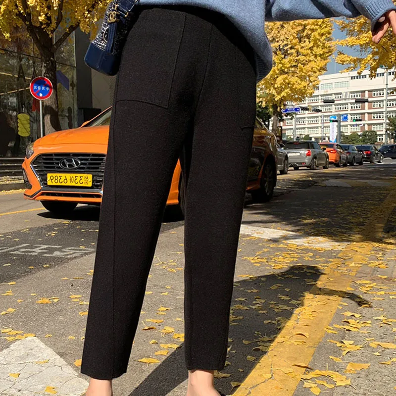 Плотные осенне зимние брюки женские трикотажные шаровары с высокой талией 2021