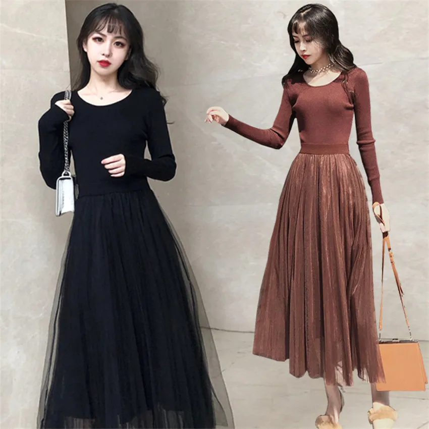 

Big Size Autumn Winter Fake Two Piece Knitted Dresses Slim Women Long Sleeve O-Neck Mesh Dress Winter Bottomings Vestitino 1296